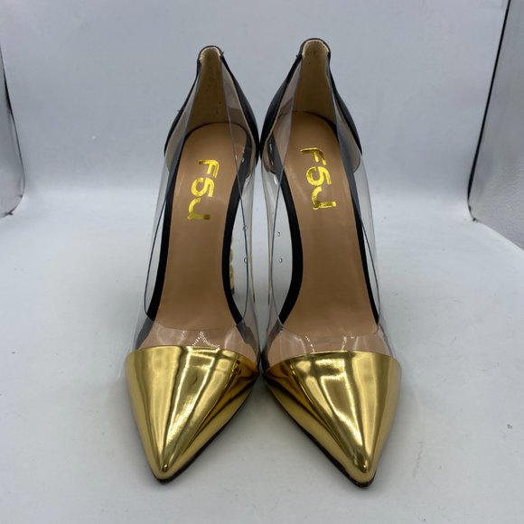 FSJGolden Block High Heels Clear Pumps Pointed Toe Dress Party Evening Shoes - Picture 3 of 11